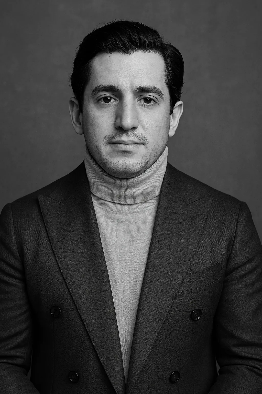 Black and white portrait of a man wearing a turtleneck and double-breasted suit jacket.