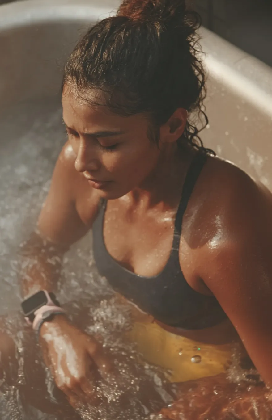 Woman with hair tied up sitting in a bathtub with water and wearing a fitness tracker.