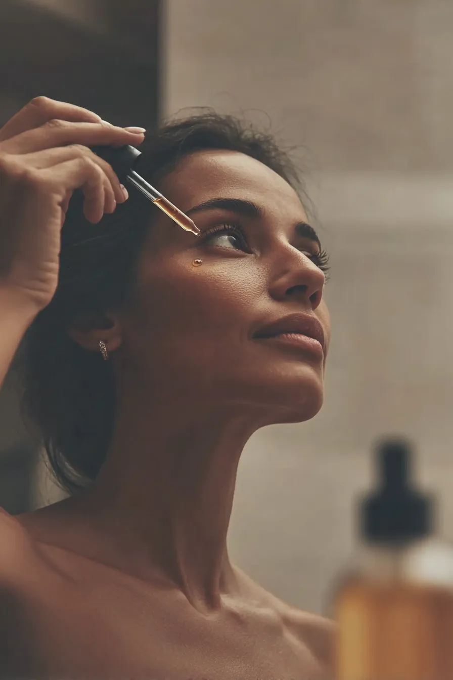 Woman applying skincare serum under her eye using a dropper in soft, natural lighting.