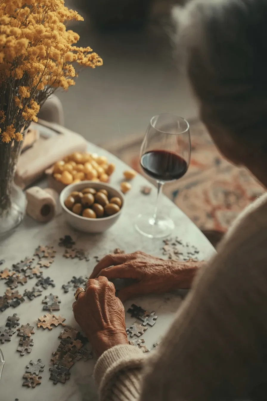 Elderly person assembling a jigsaw puzzle at a table with wine, olives, and yellow flowers.