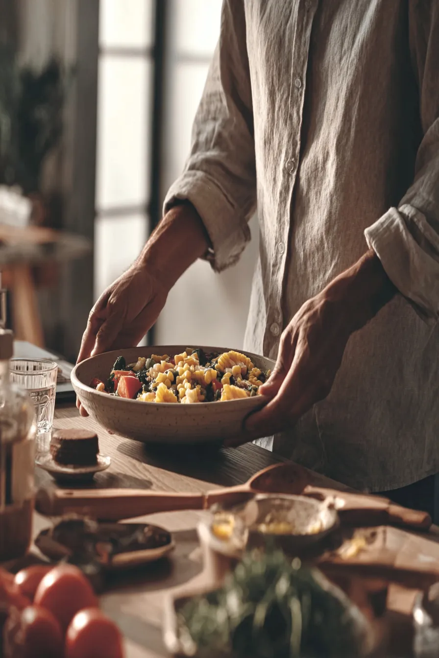 Person holding a bowl of fresh vegetable and corn salad at a kitchen table.