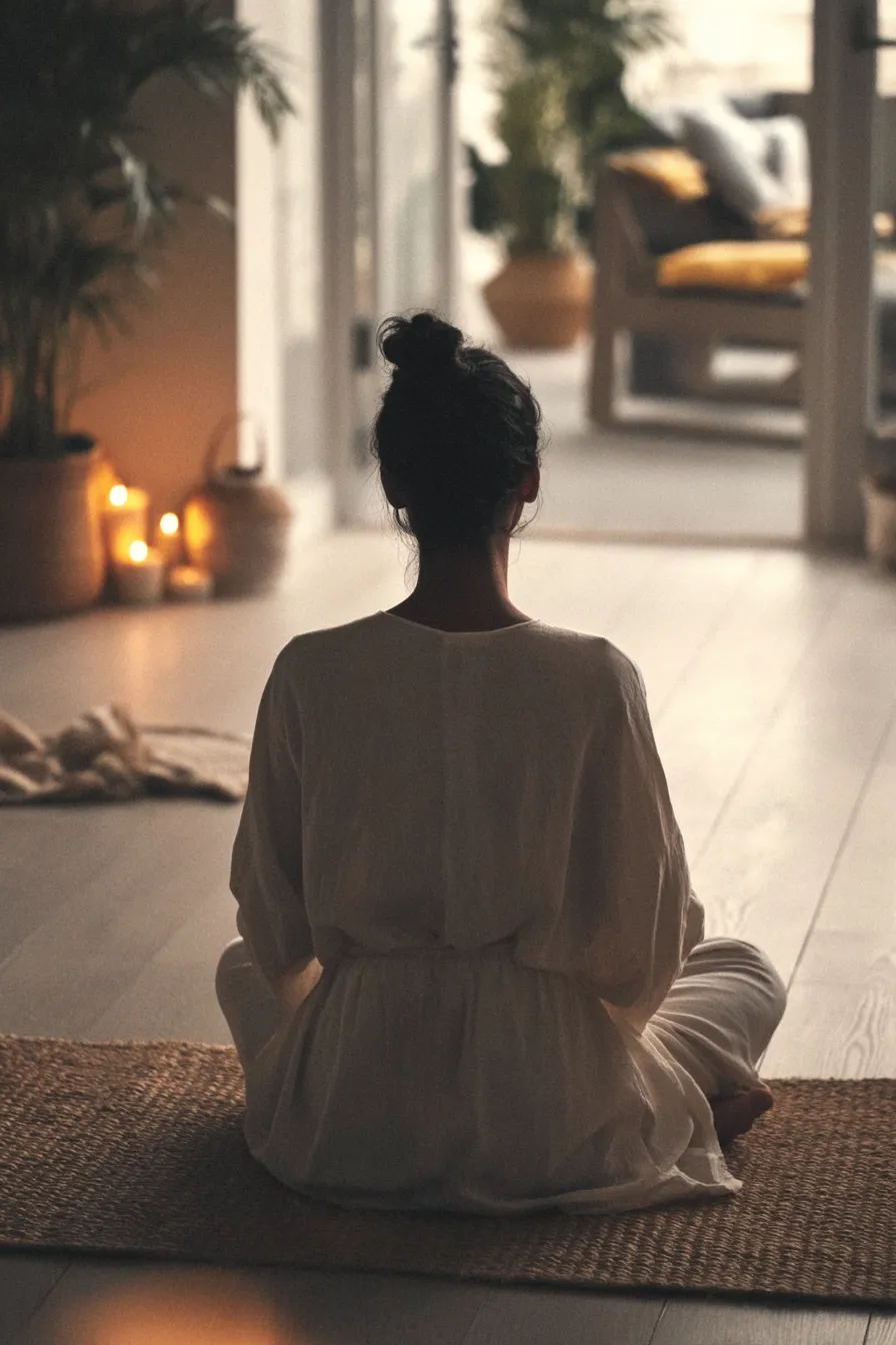 Person sitting cross-legged on a mat in a dimly lit room with candles and plants nearby.