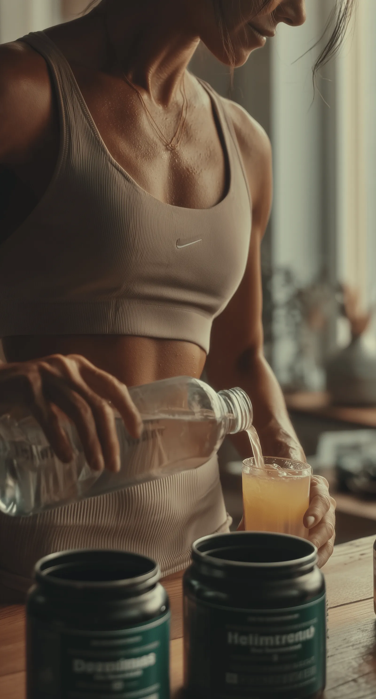 Woman in sports bra pouring water from a bottle into a glass with supplements on the table.