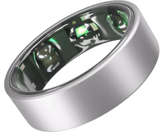 Silver smart ring with sensors and glowing green light inside.