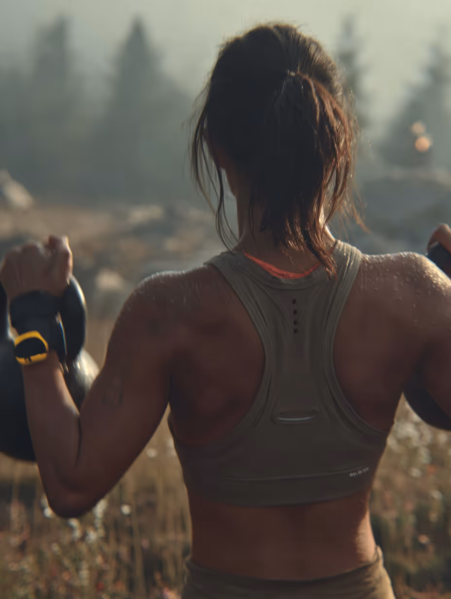 Rear view of a woman lifting kettlebells outdoors with a forest blurred in the background.