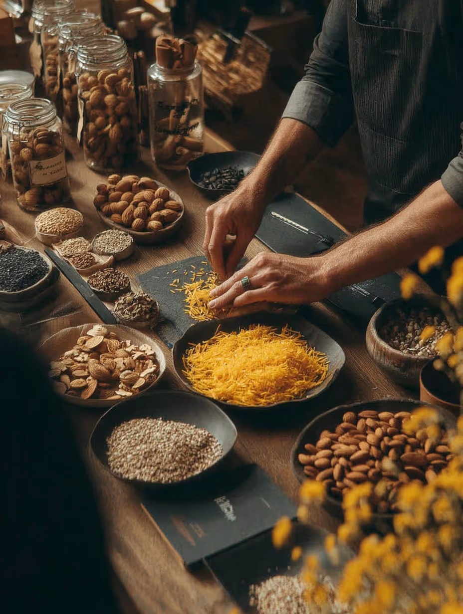 Person's hands handling yellow shredded spice surrounded by bowls and jars of nuts and seeds on a table.
