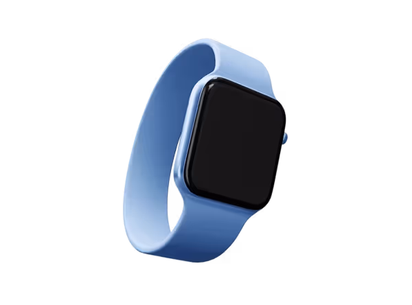 Modern smartwatch with a light blue band and a square black screen on a black background.