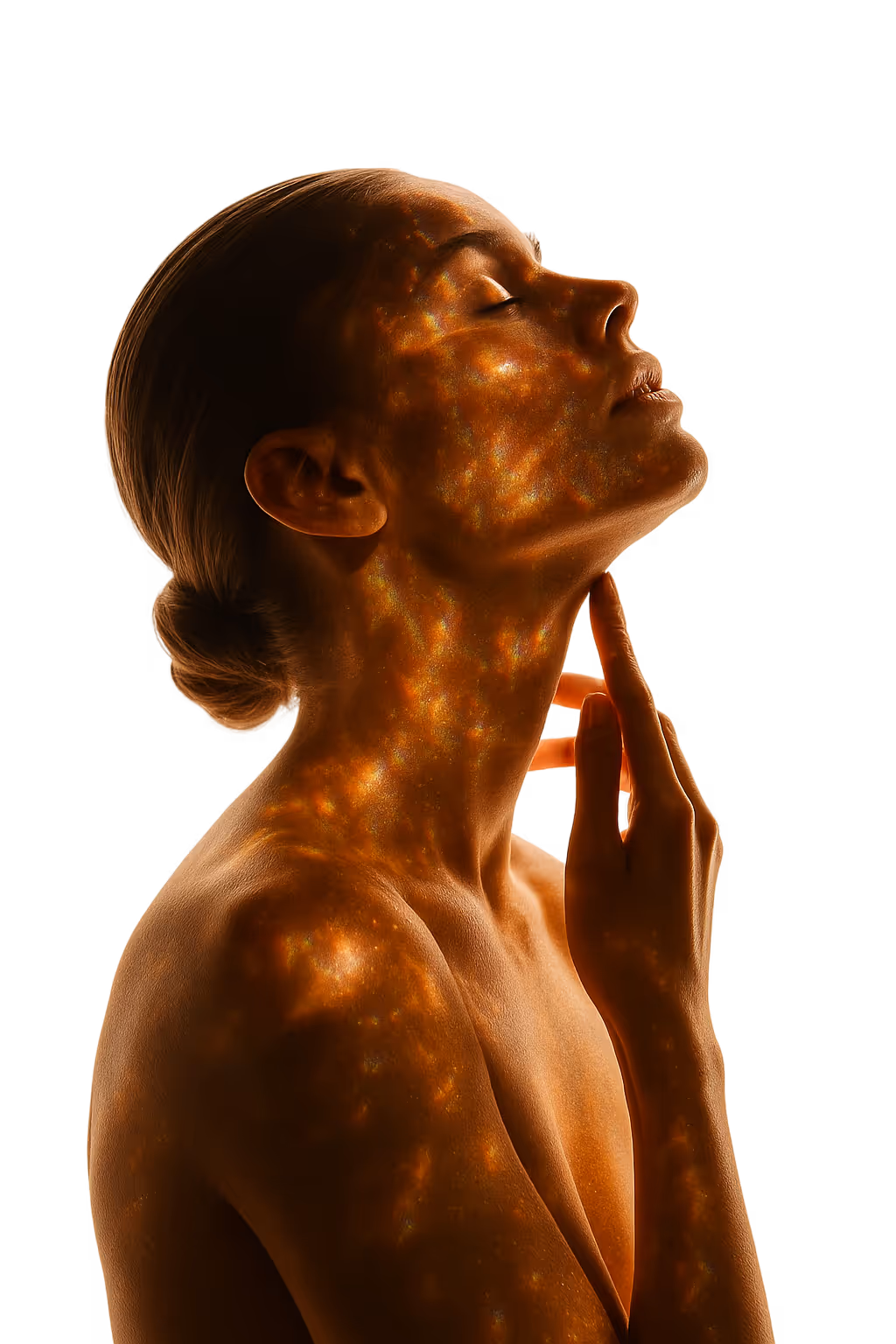 Woman with eyes closed touching neck, golden light reflections on face and upper body against black background.