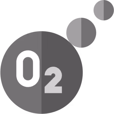 Schematic representation of oxygen molecule O2 as connected gray circles of varying sizes.