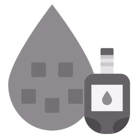 Icon of a drop of blood with squares and a blood glucose meter showing a drop symbol.