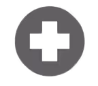 Black medical cross icon inside a gray circle with shadows on a dark background.