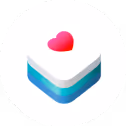 Three stacked layers with a pink heart above, symbolizing technology and care.