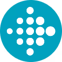 Arrow shape formed by white dots pointing right on a teal circular background.