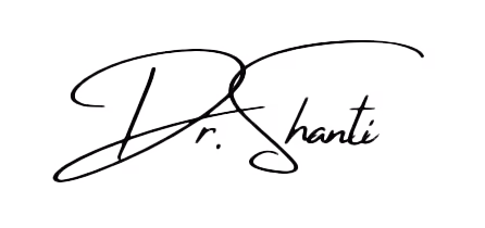 Stylized black signature text reading 'Dr. Shanti' on a white background.