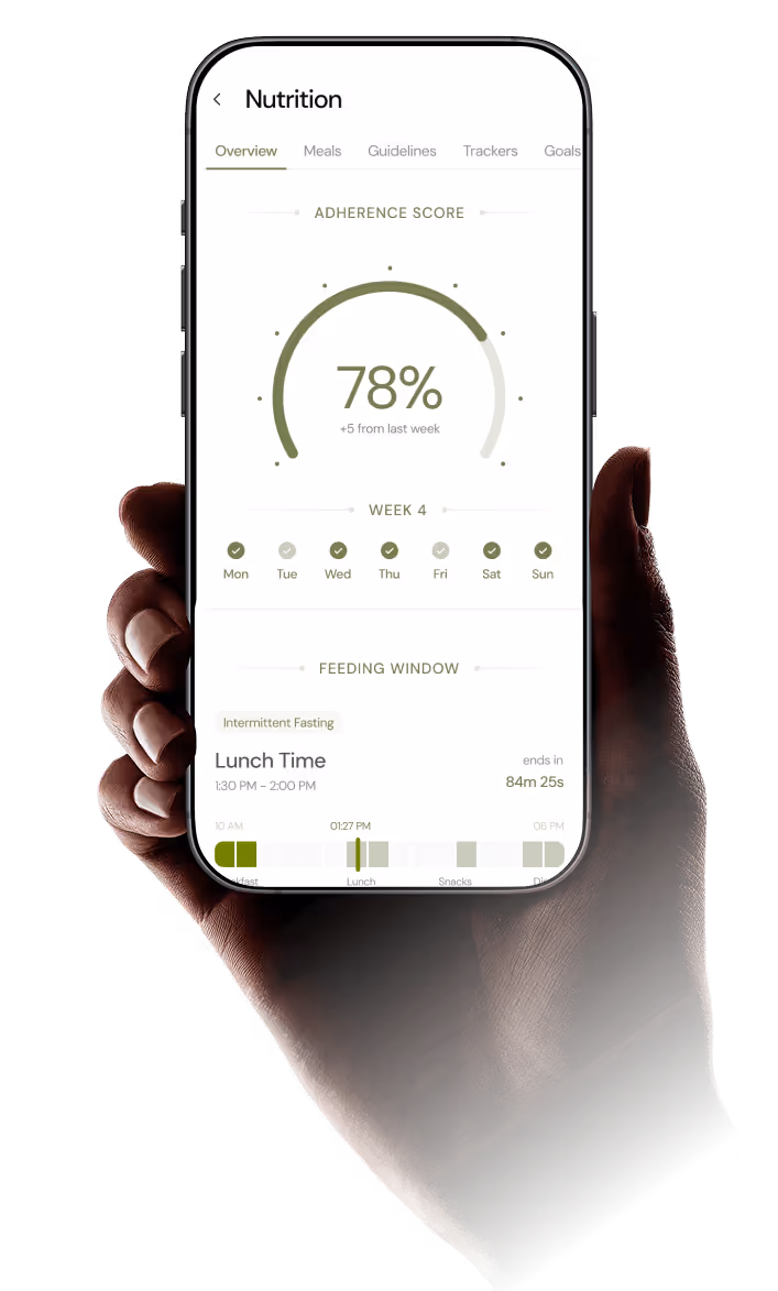 Hand holding phone showing nutrition app with 78% adherence score and intermittent fasting lunch window.