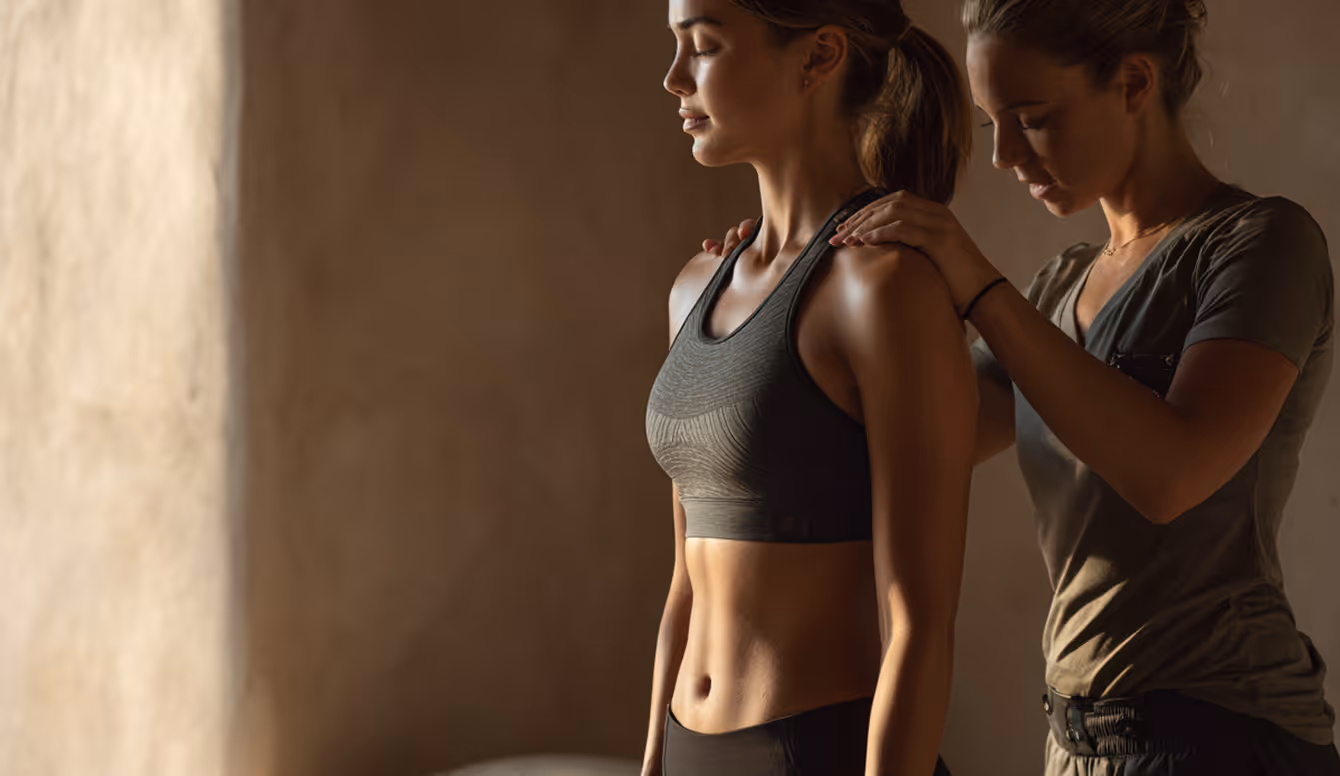 Therapist giving shoulder massage to a woman in a sports bra in a dimly lit room.