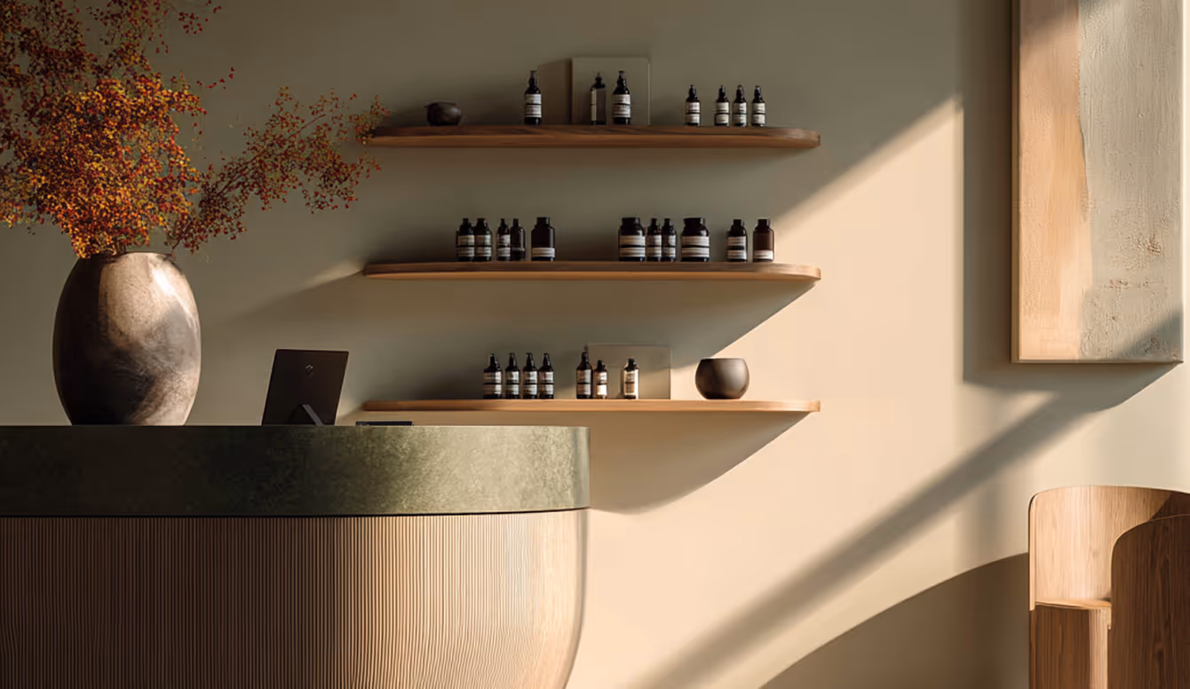 Minimalist reception desk with vase and shelves holding small bottles in warm, natural light.