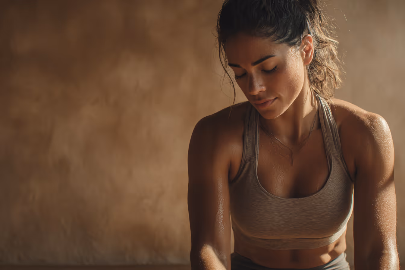 Sweaty woman in sports bra resting after workout with eyes closed and head tilted down.