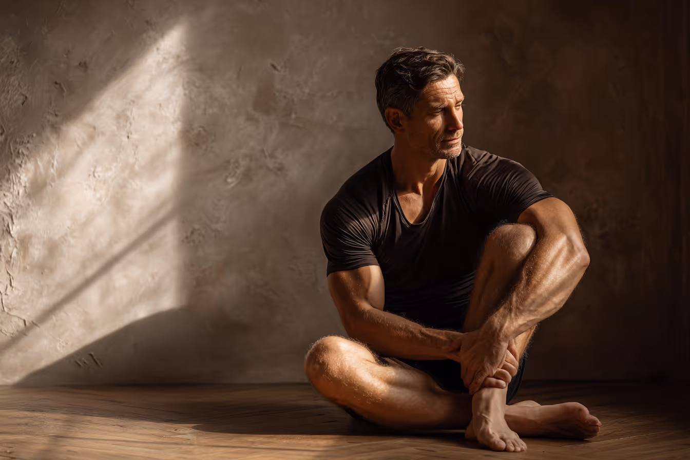 Muscular man in black shirt sitting cross-legged on wooden floor in soft light.