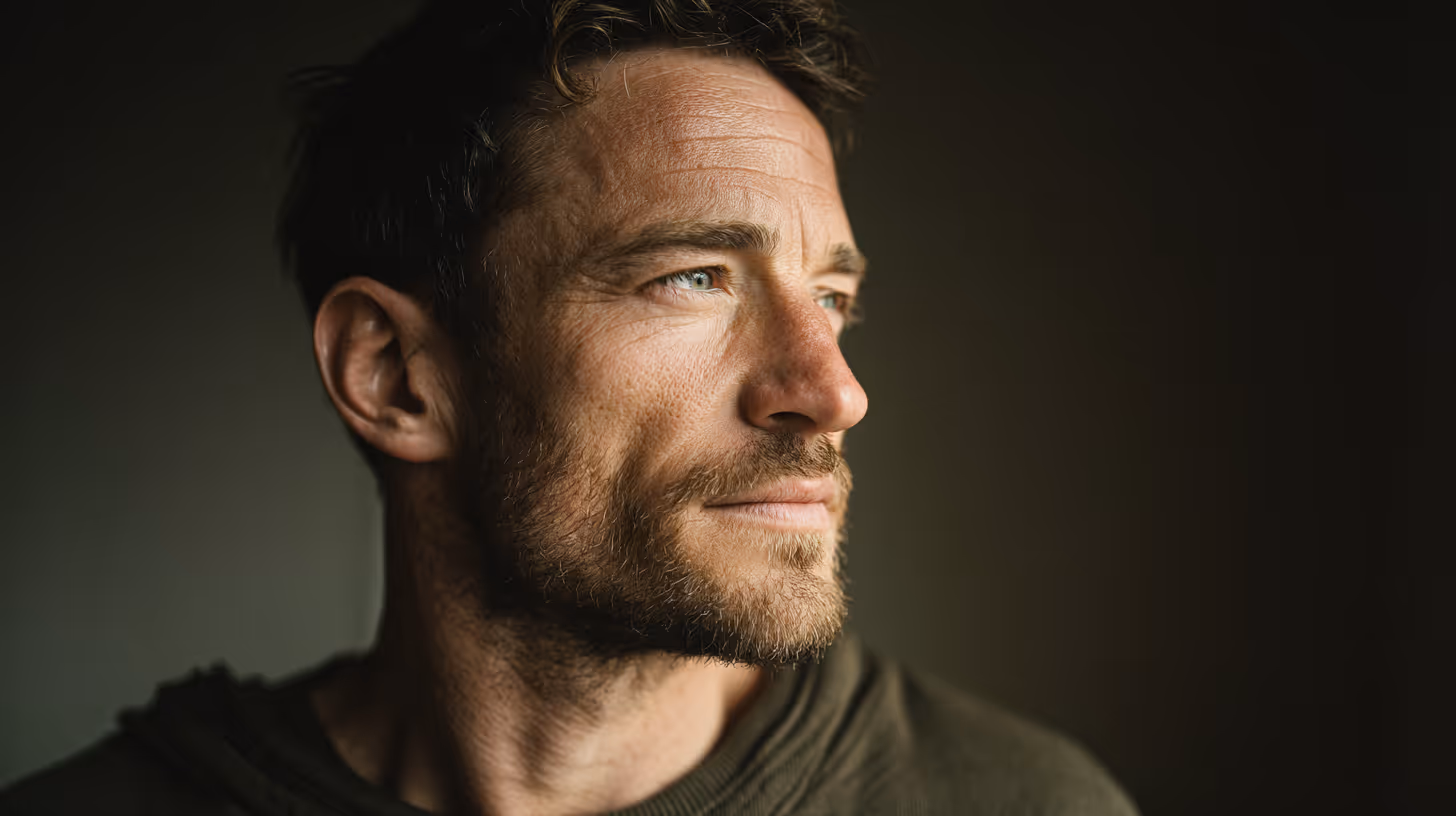 Close-up of a bearded man with blue eyes looking thoughtfully to the right against dark background.