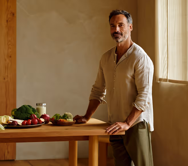 Man standing by a wooden table with fresh vegetables and a glass of milk in a warmly lit room.