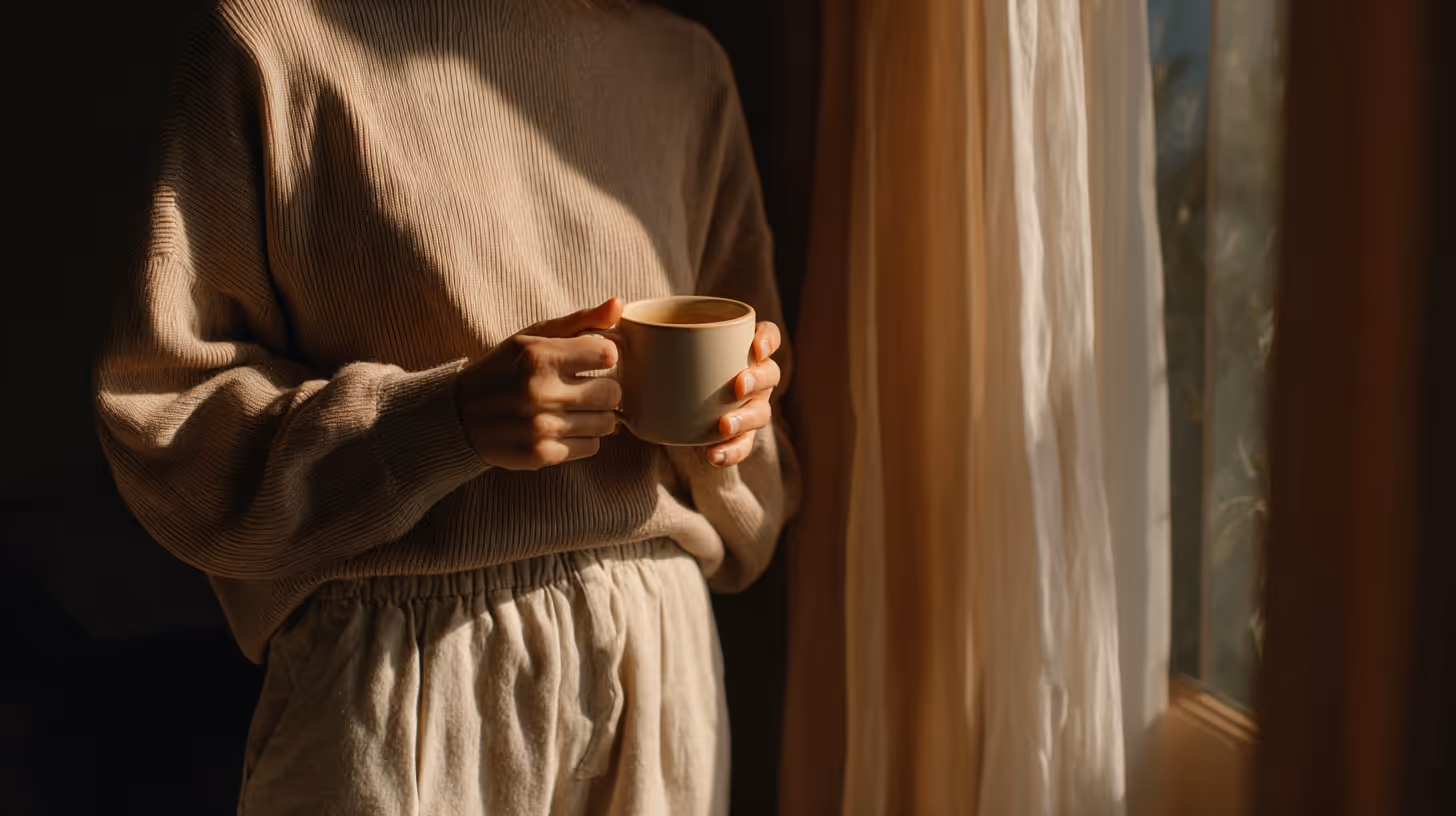 Person in beige sweater holding a mug near a window with light curtains.