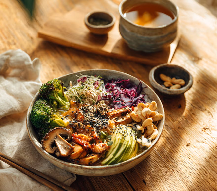 Bowl of vegetables, grains, and nuts on a table
