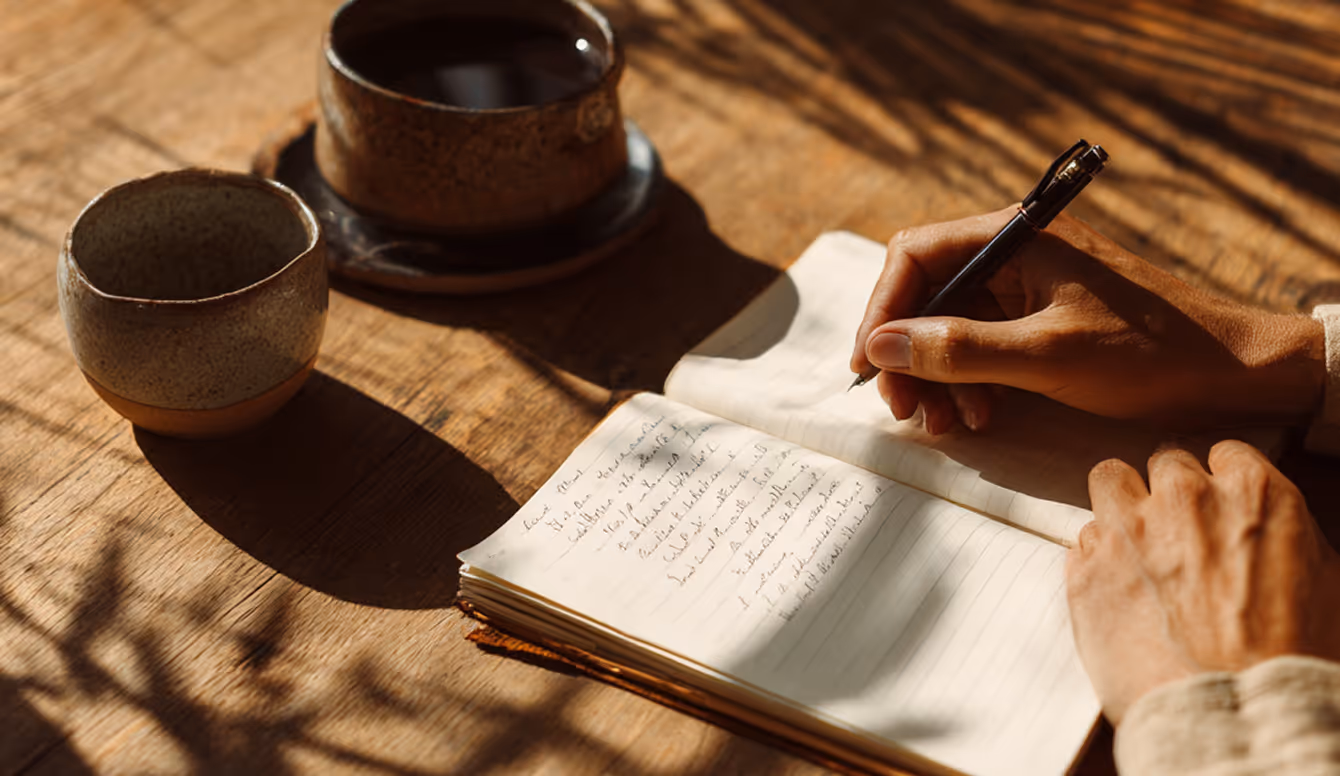 Hands writing notes beside cups of tea