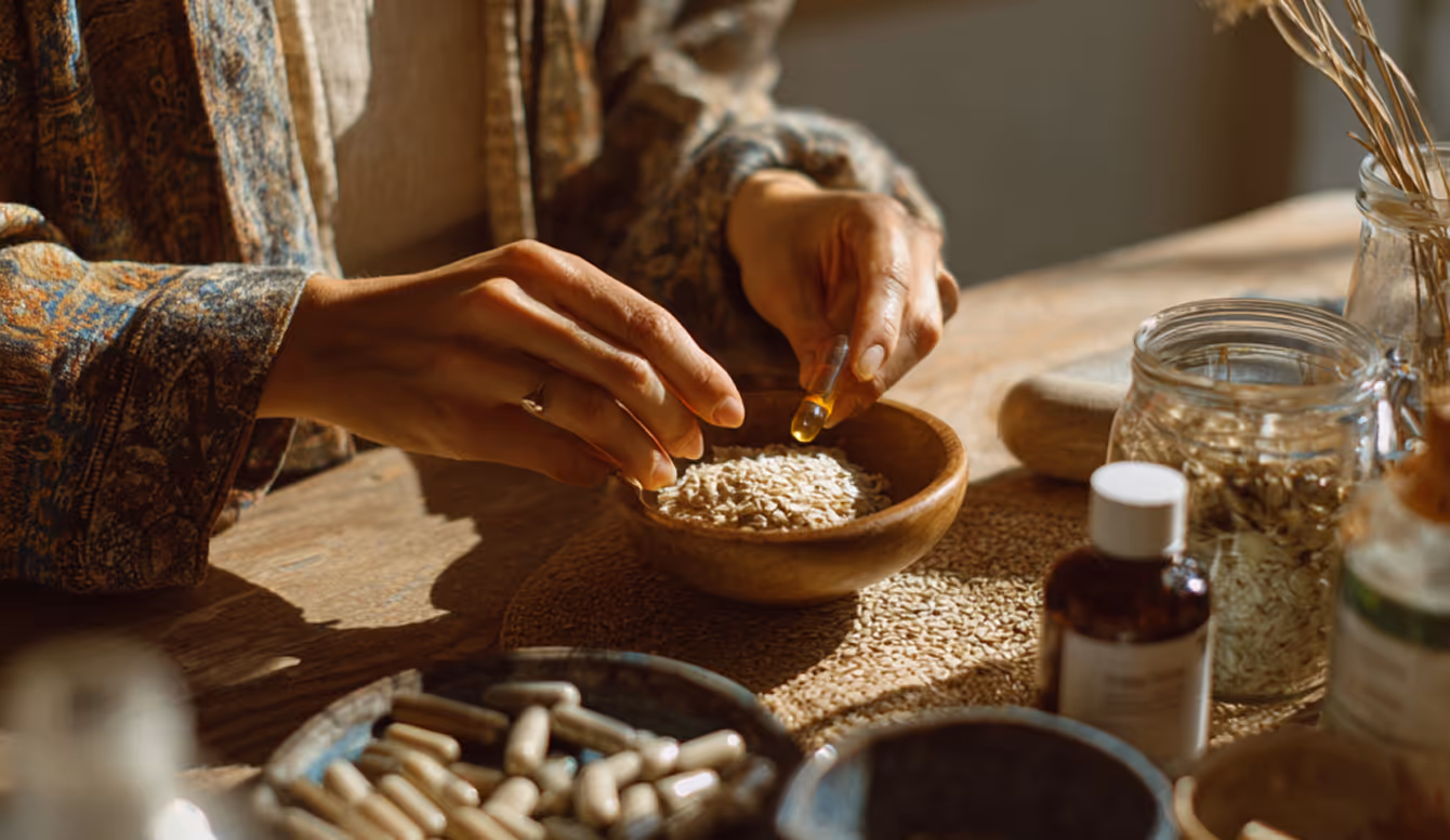Hands mixing dried herbs beside bottles and capsules