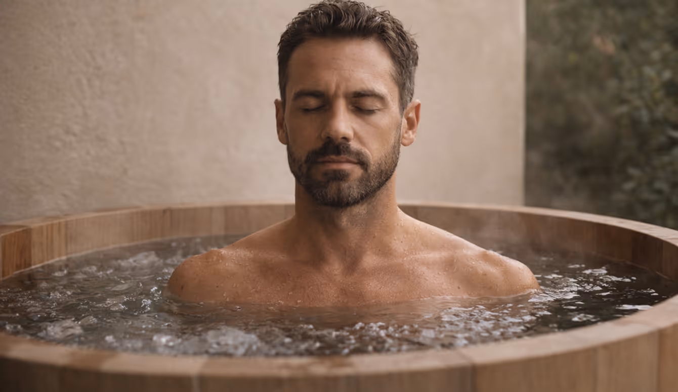 Man seated in a cold plunge tub