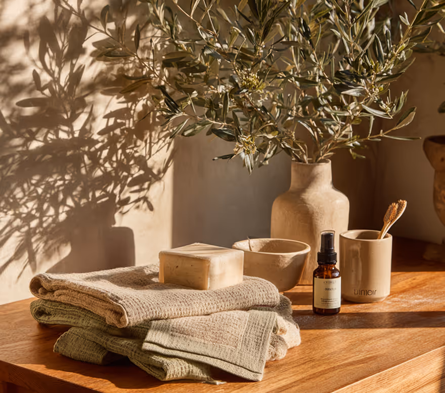 Folded towels and an amber bottle on a sunlit table