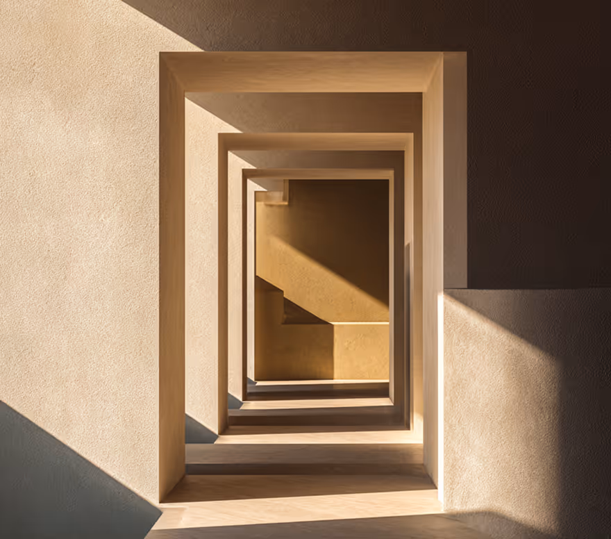 Series of doorways along a sunlit corridor
