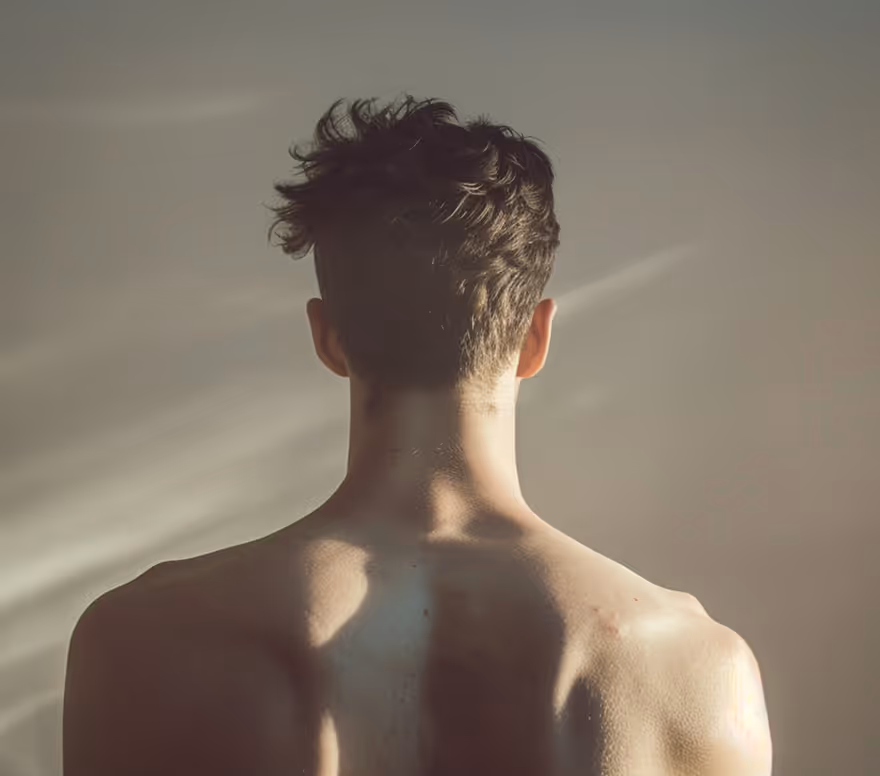 Man viewed from behind in soft sunlight