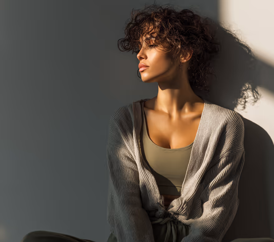 Woman seated in profile in warm sunlight