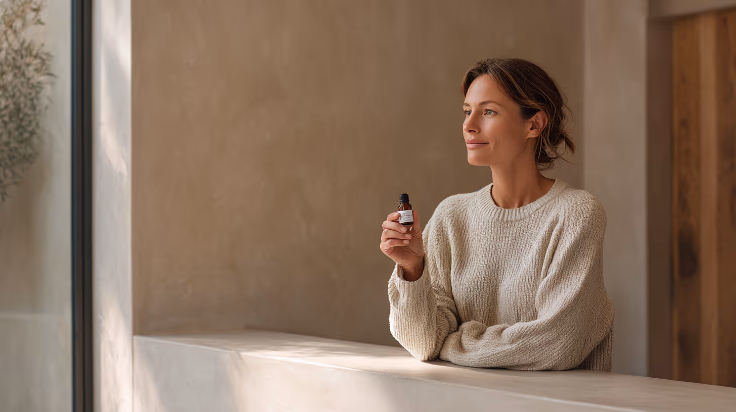 Woman holding a skincare bottle beside a window
