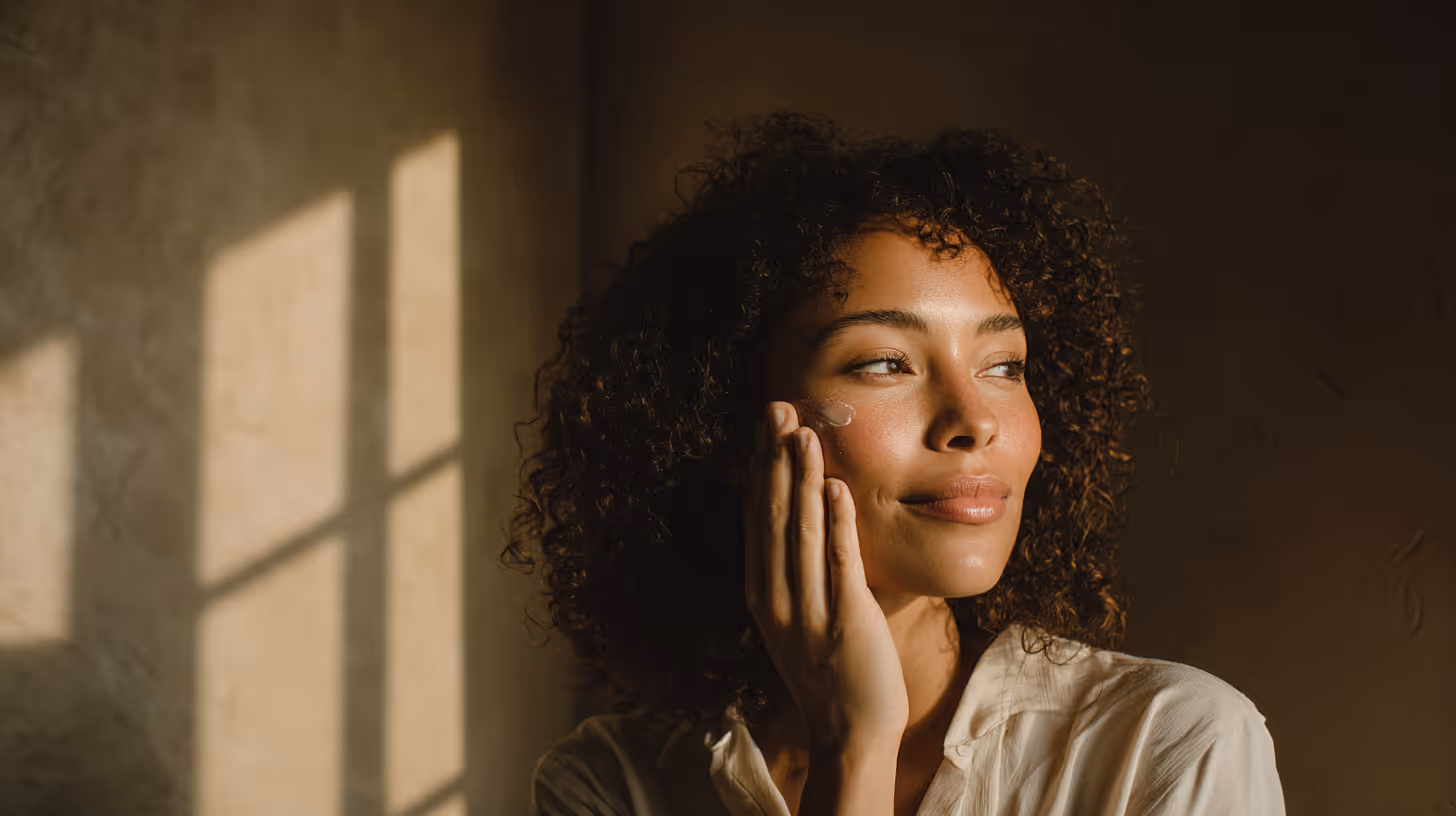 Woman touching her cheek in warm sunlight