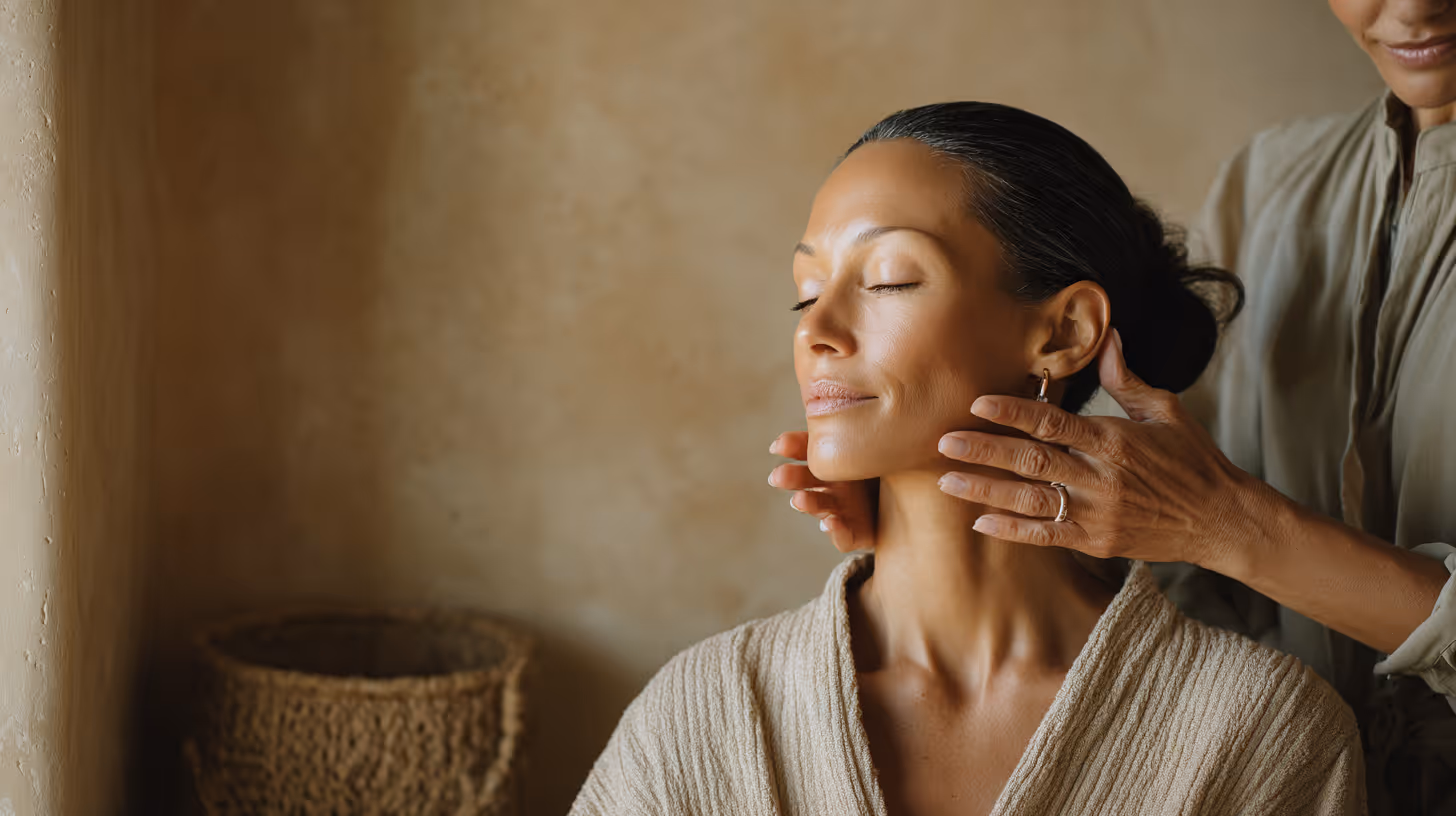 Practitioner applying a facial treatment to a seated woman