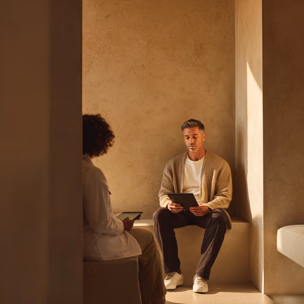 Two men discussing care during a clinic visit