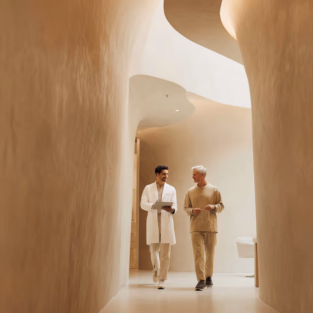 Two clinic staff walking through a corridor
