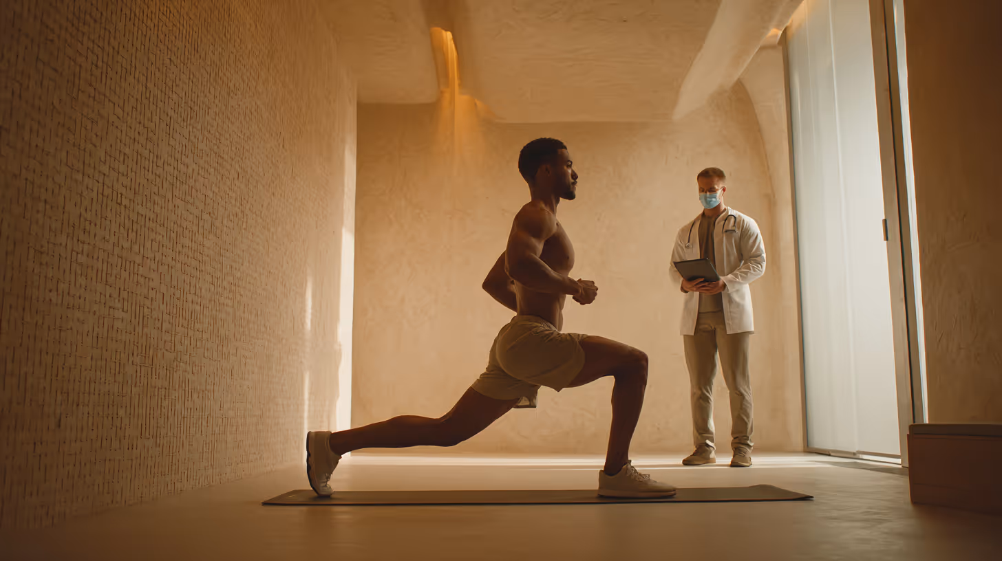 Man performing a lunge while a practitioner observes