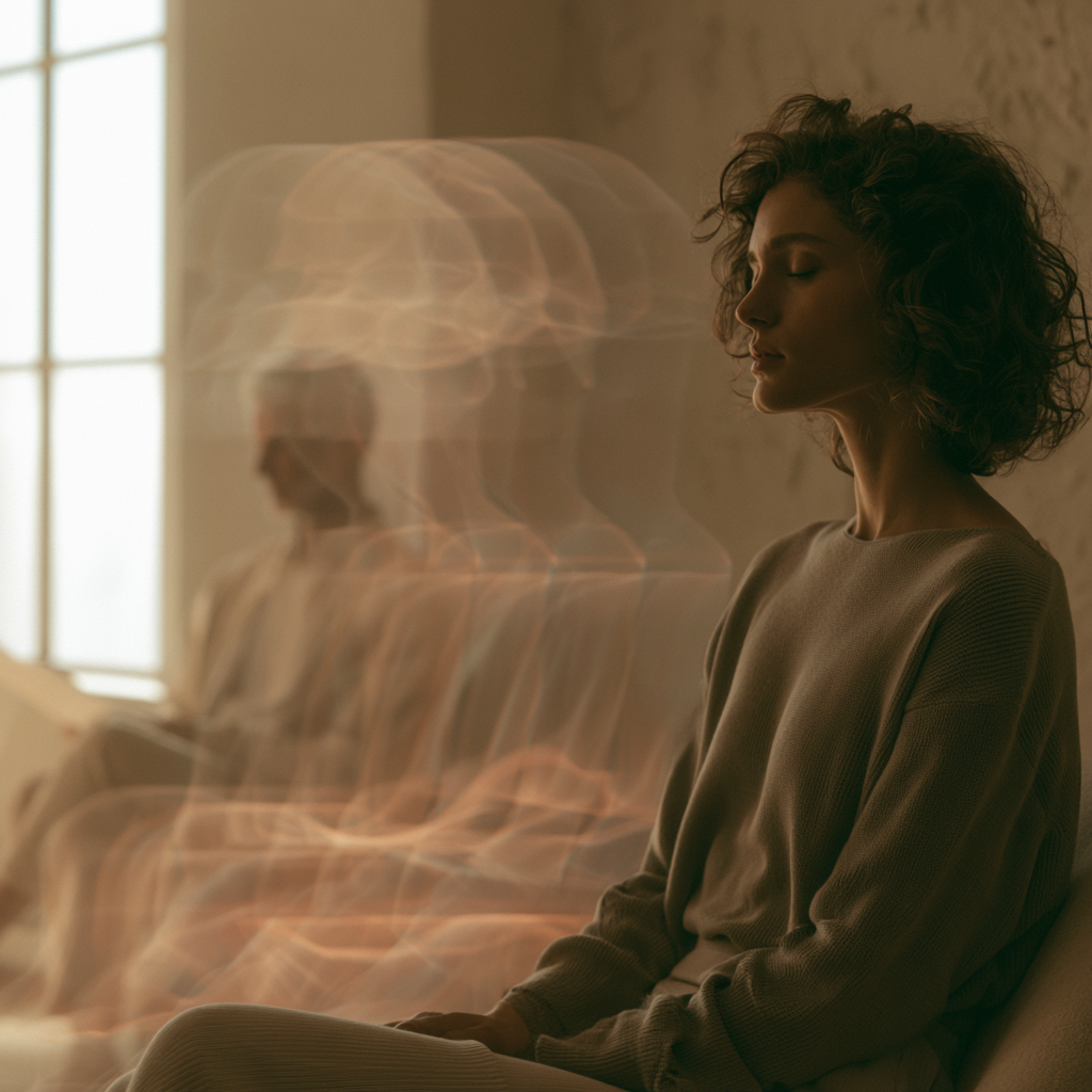 Woman meditating with a motion-blur double exposure